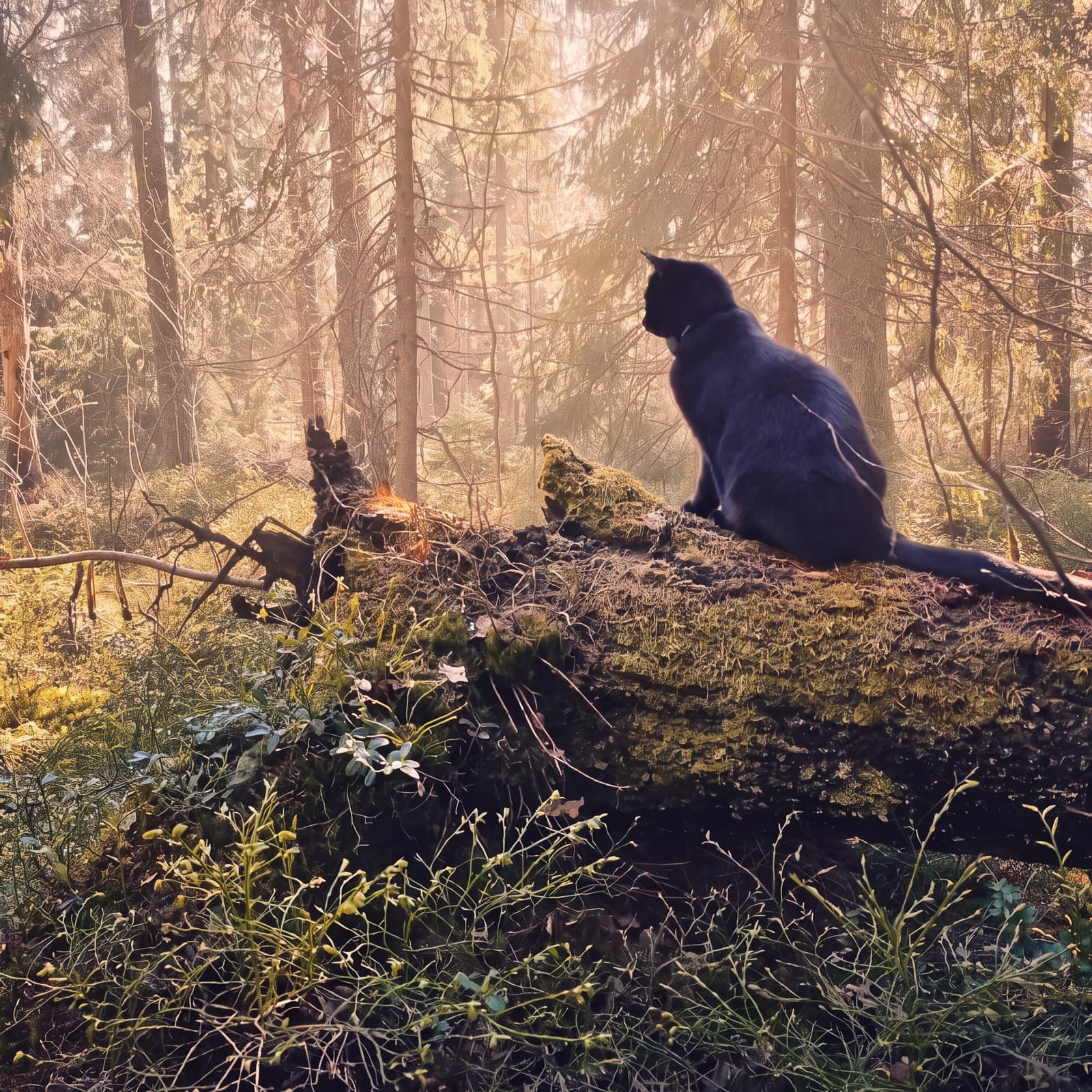Black cat in the forest relit with evening sun