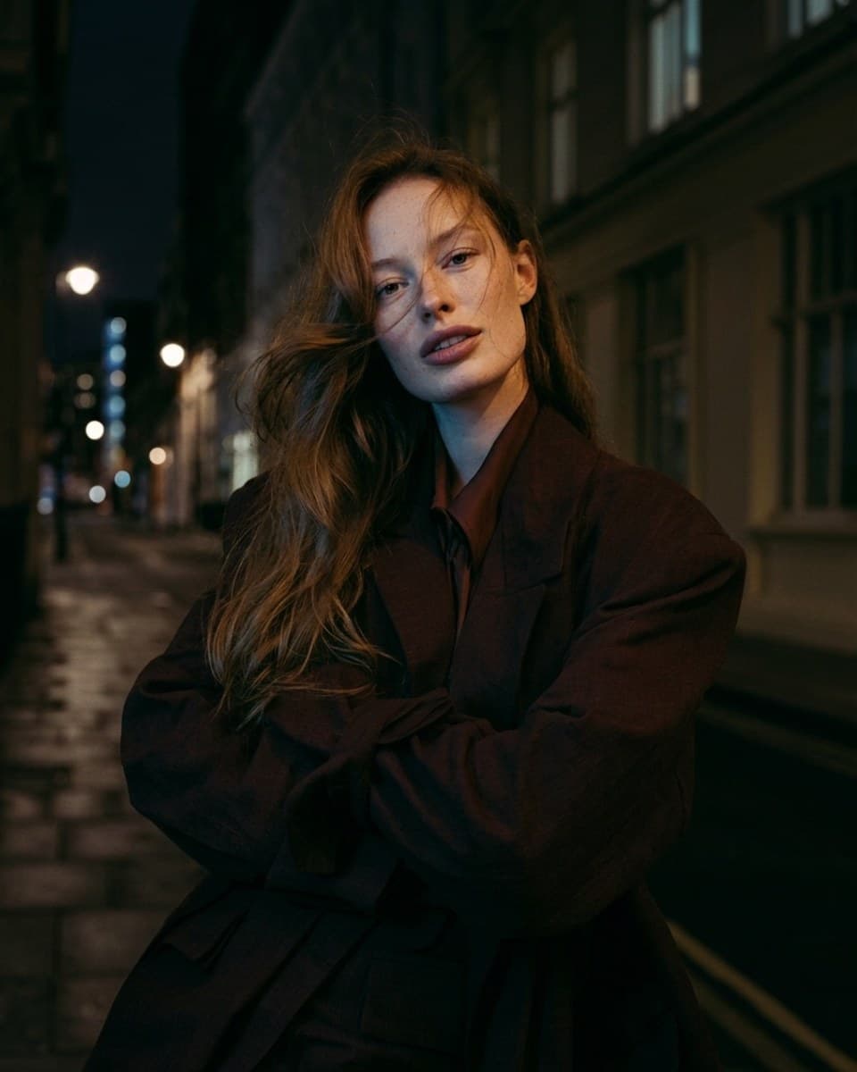 Oversized coat relit under night street lights