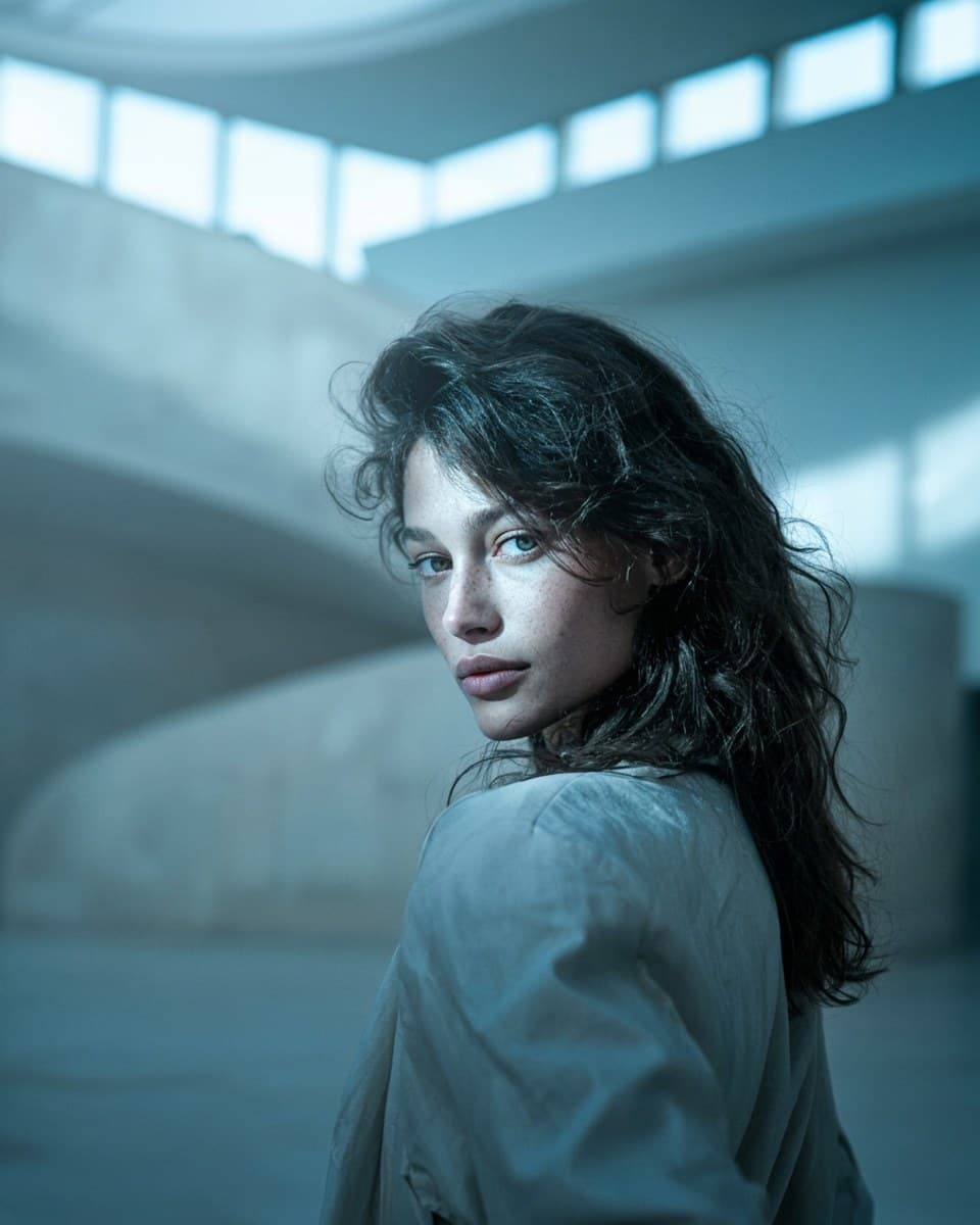 Concrete studio portrait relit with blue dusk