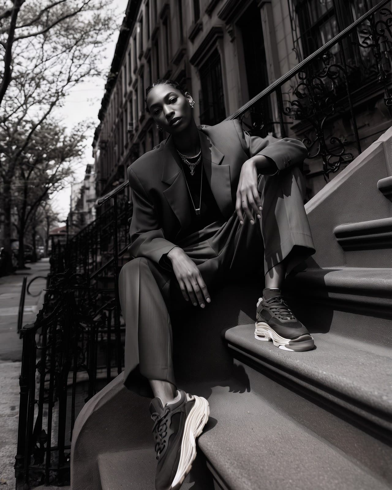 Brownstone stoop relit with hard sun in black and white