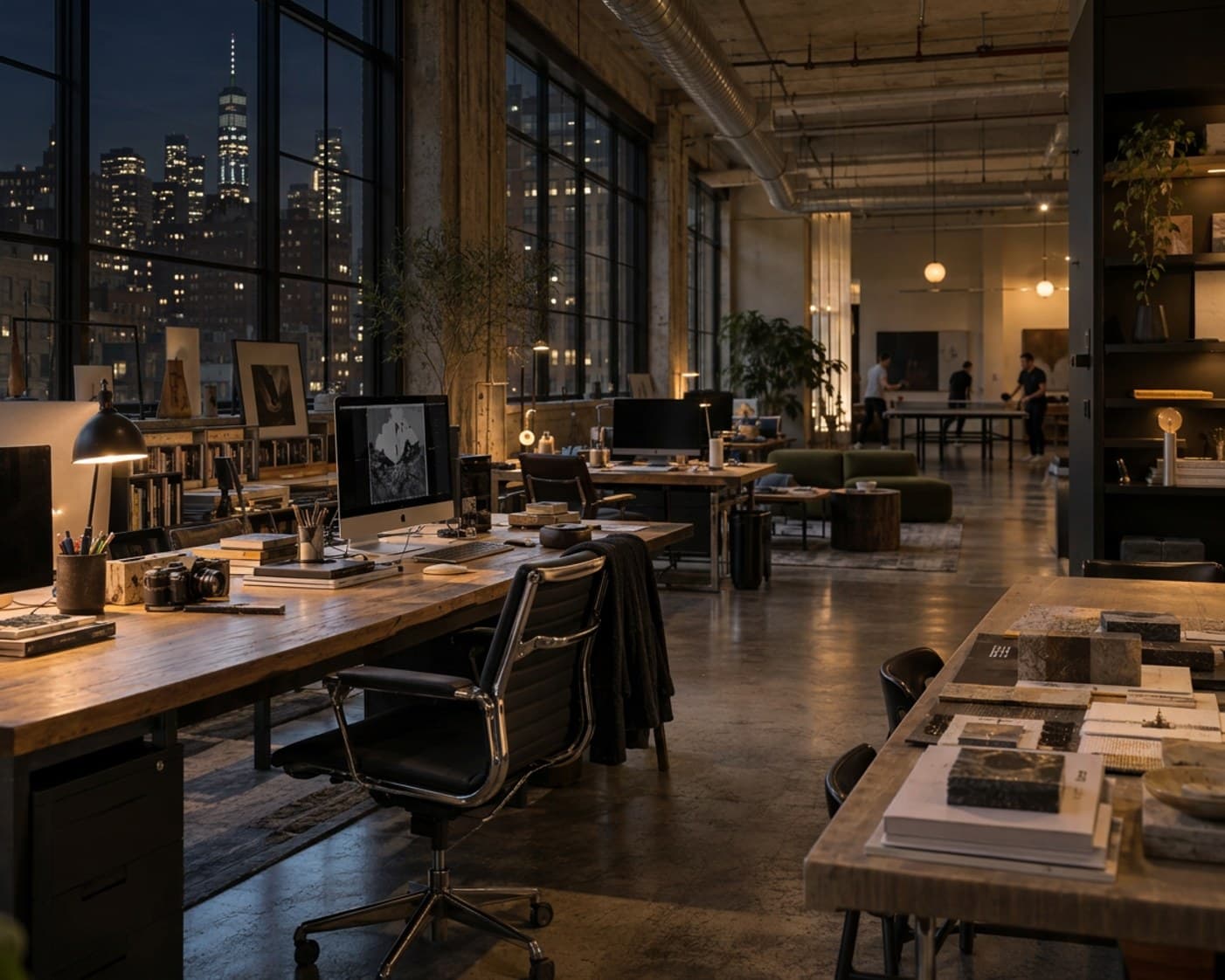 New York loft office relit for the evening