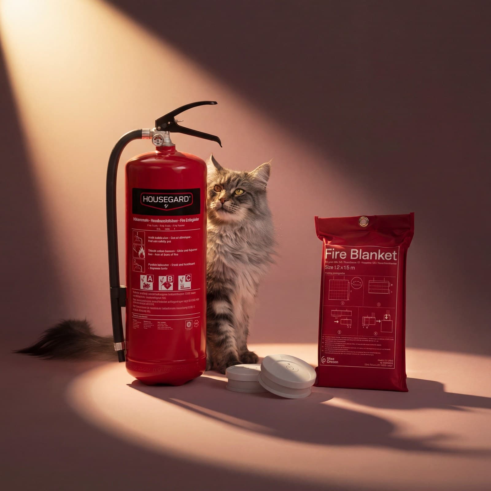 Cat with fire safety gear relit with a warm spotlight