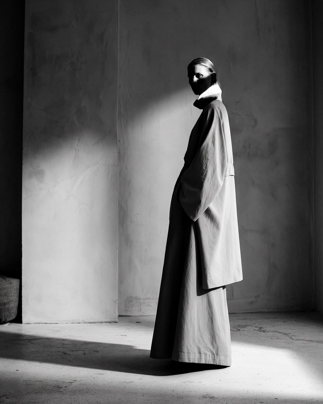 Long coat relit with a hard studio spotlight