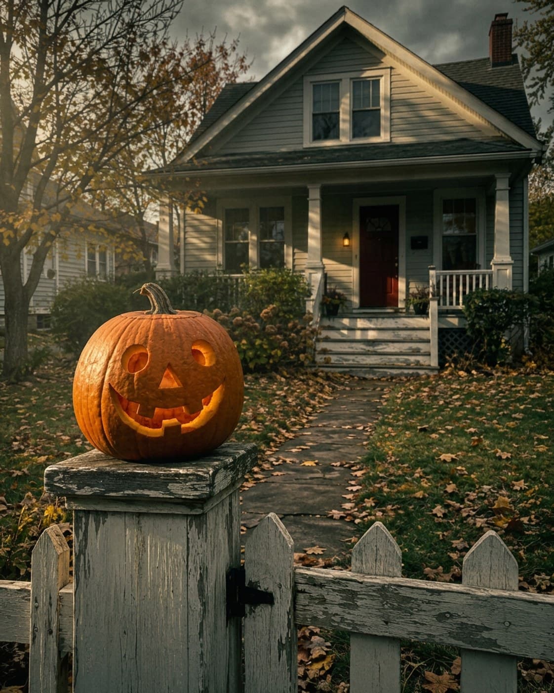 Halloween pumpkin by the porch relit for an autumn dusk