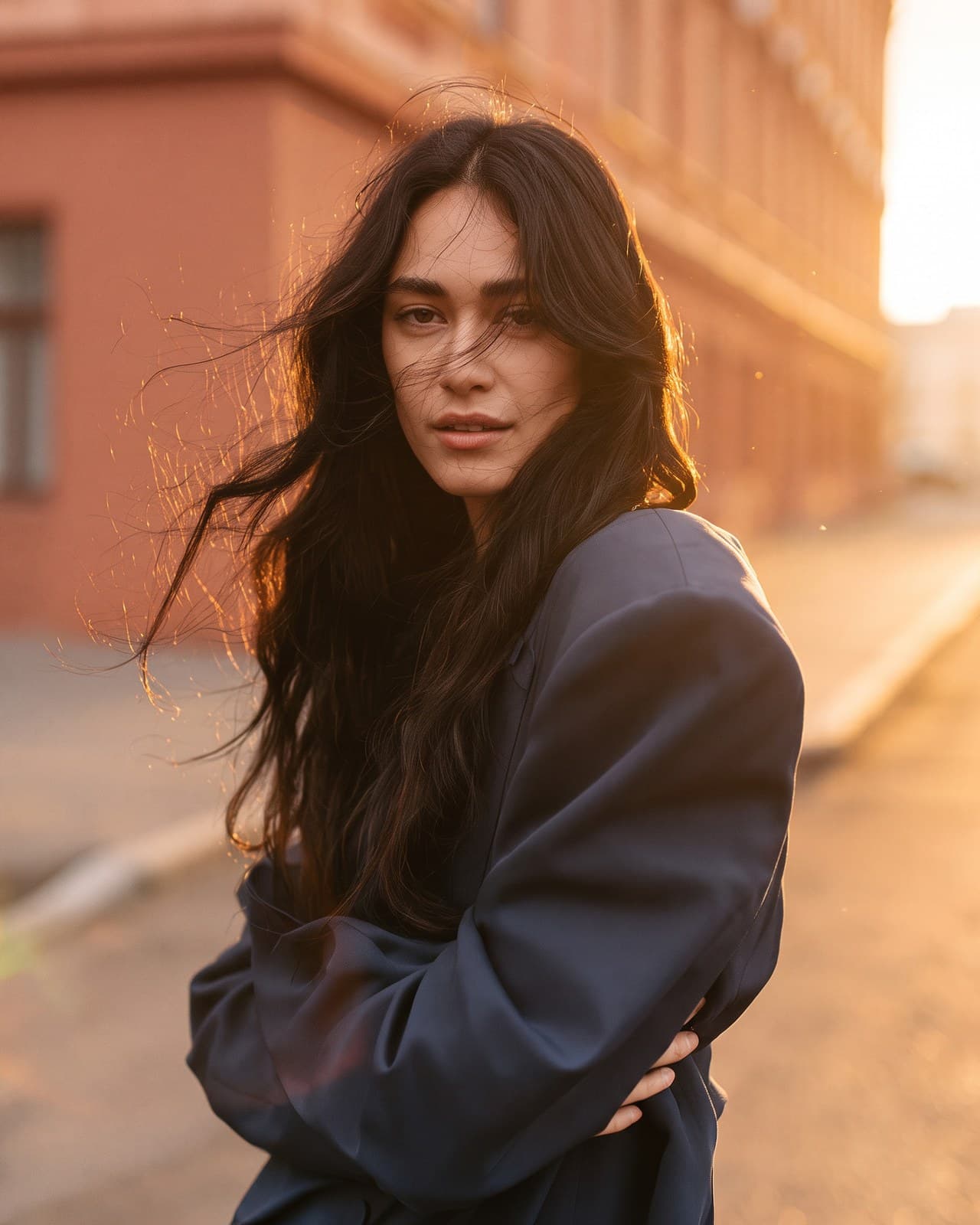 Street portrait relit with golden hour backlight