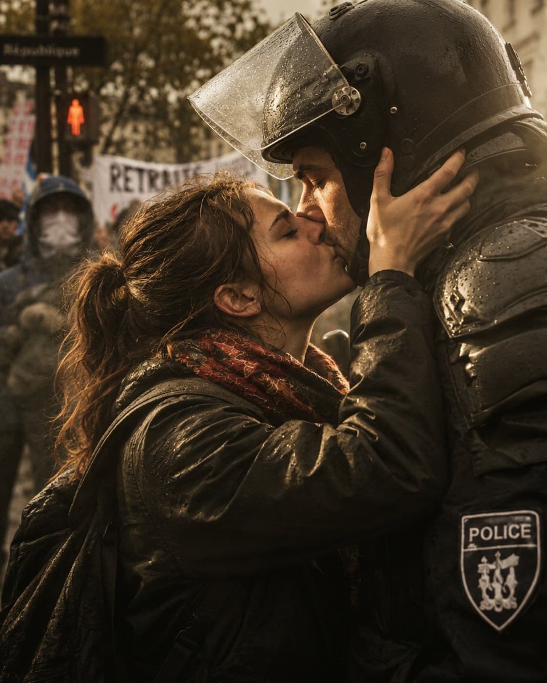 Protest kiss relit with low golden sun